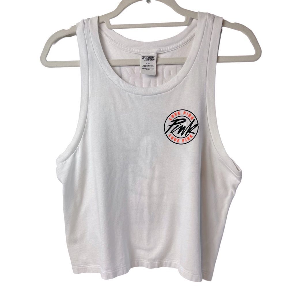 PINK Victoria’s Secret Graphic Crop Tank Top Neon Logo White Size S